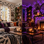 Living room before and after decorating with glowing bats