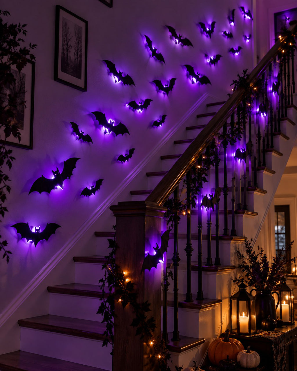 Staircase decorated with glowing bats